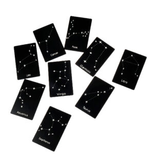Metalowa karta z grawerem dwustronnym, znaki zodiaku.