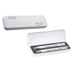 Biały, aluminiowy zestaw piśmienny, długopis i ołówek.